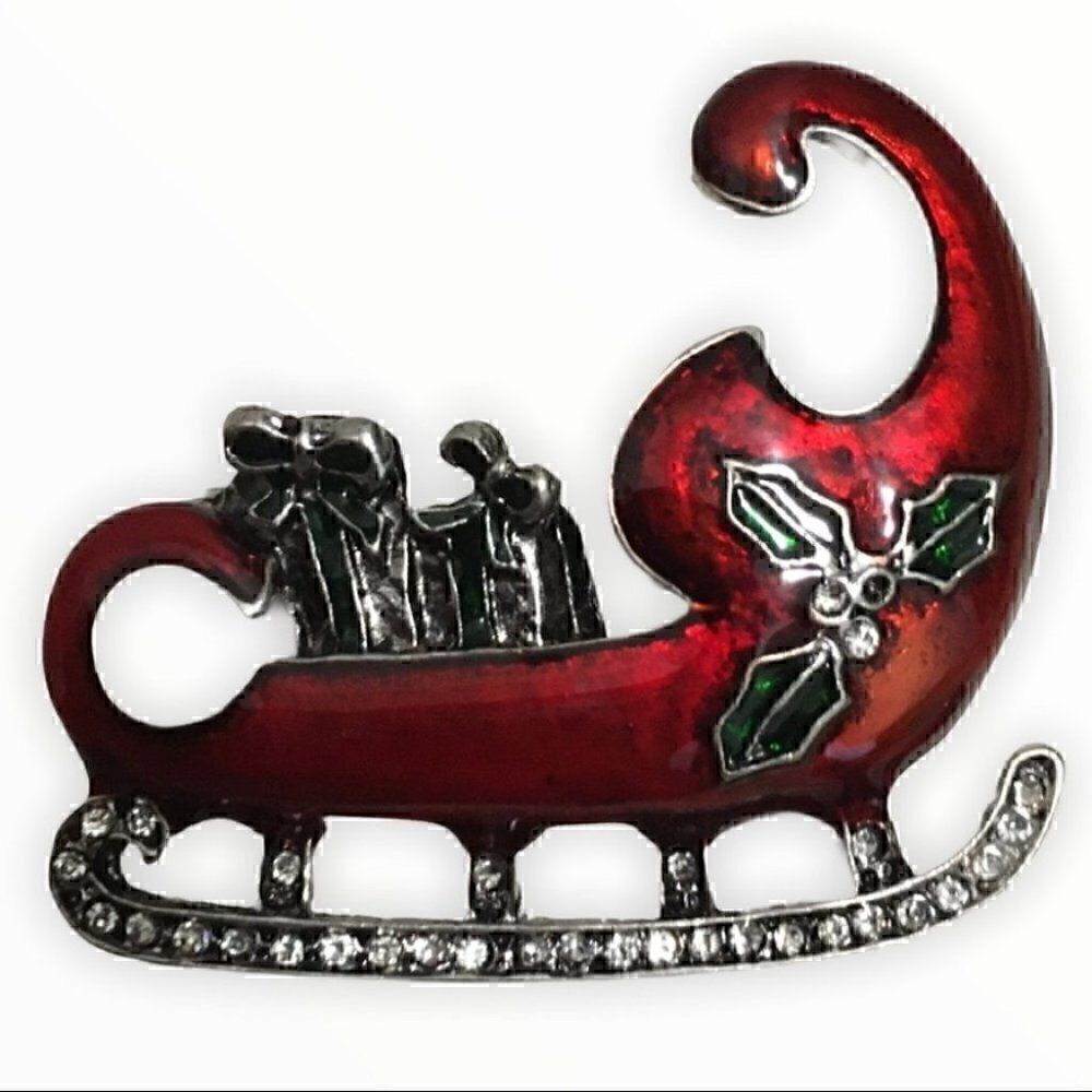 Red Sleigh Brooch with rhinestones NEW